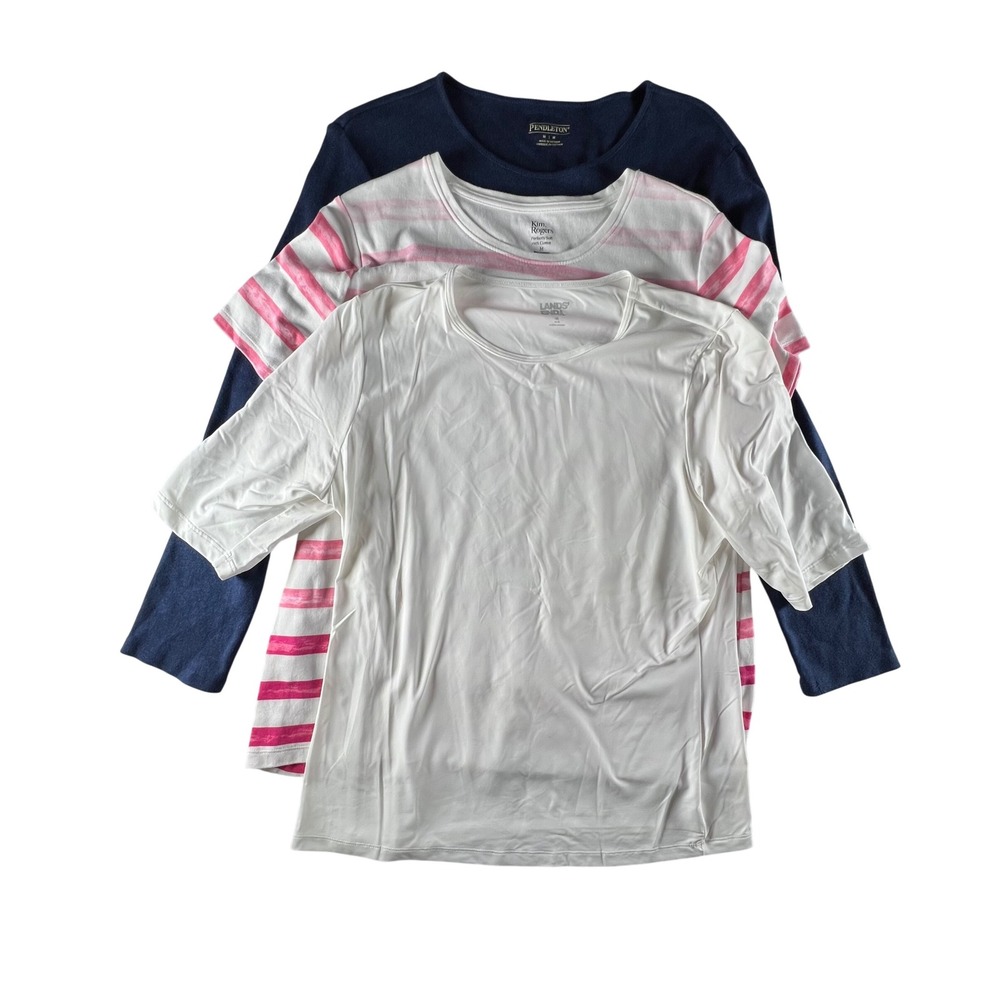 Bundle Women's Medium Pendleton Kim‎ Rogers Lands' End 3 Tops White Pink Blue
